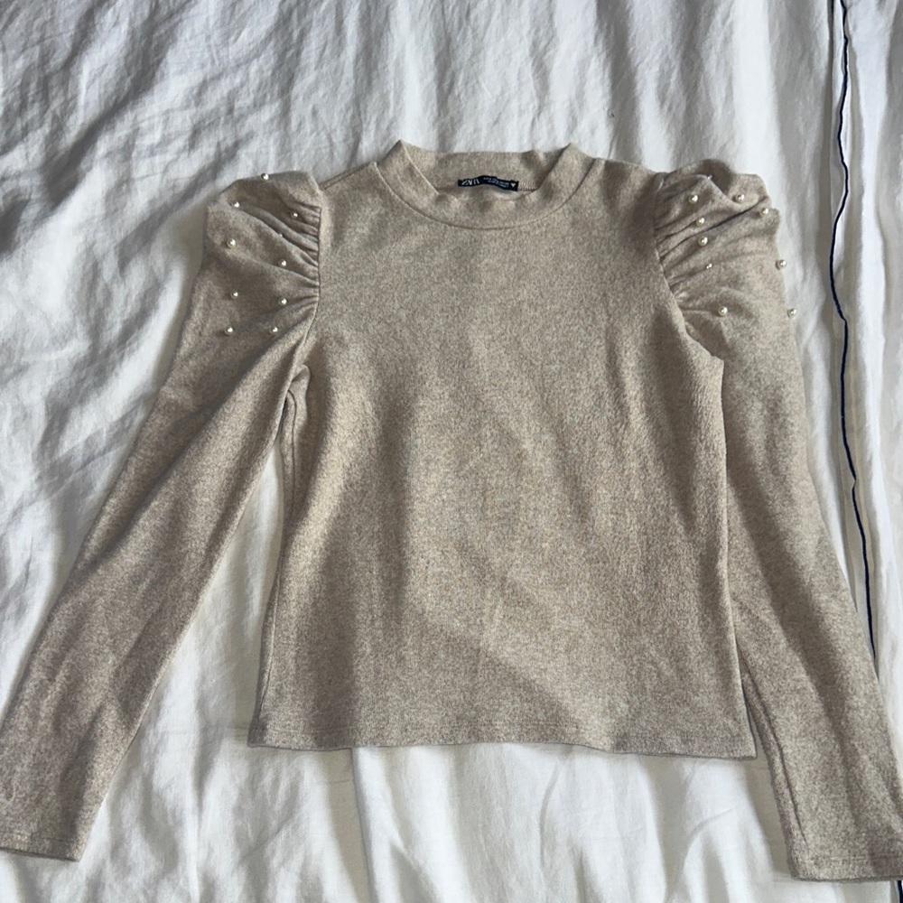 Zara Beige Puff Sleeve Blouse with Pearls